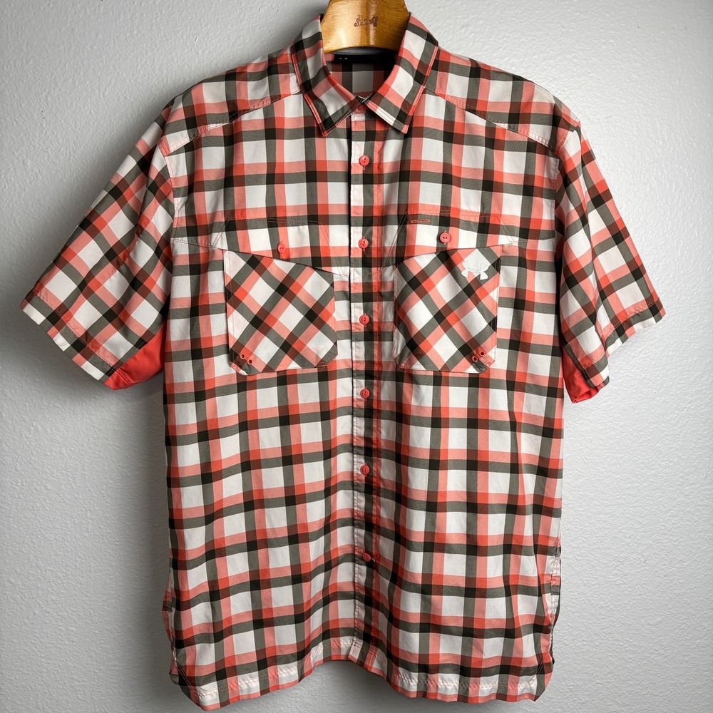Under Armour Mens L Plaid Button Up Shirt Orange Gray HeatGear Vent Short Sleeve